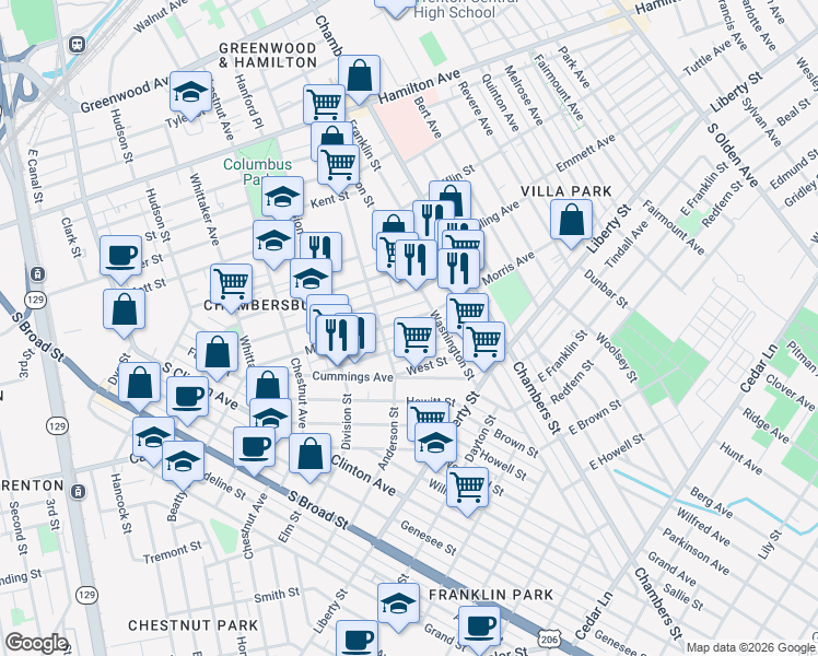 map of restaurants, bars, coffee shops, grocery stores, and more near 314 Morris Avenue in Trenton
