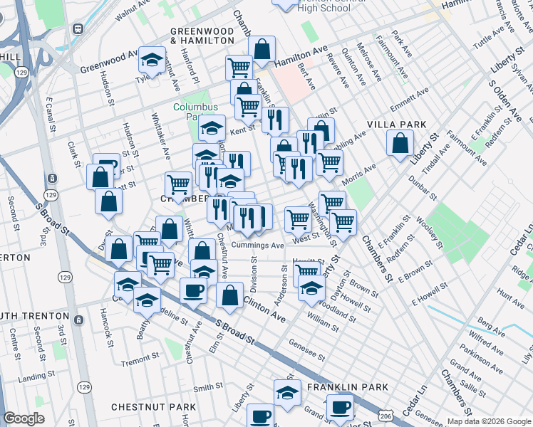 map of restaurants, bars, coffee shops, grocery stores, and more near 433 Emory Avenue in Trenton
