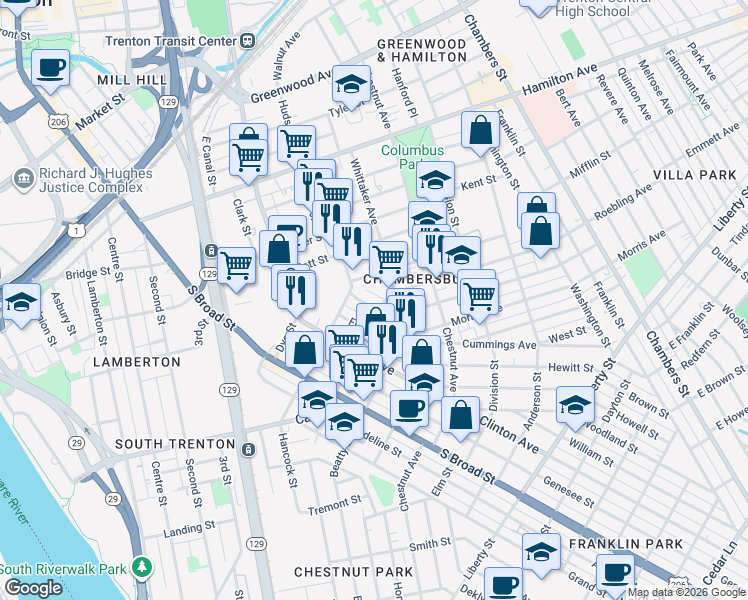 map of restaurants, bars, coffee shops, grocery stores, and more near 8 Cove Street in Trenton