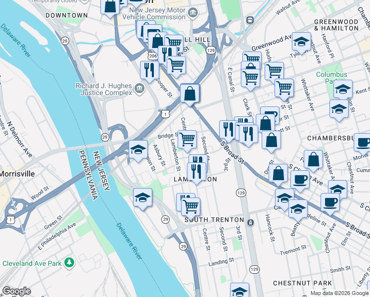 map of restaurants, bars, coffee shops, grocery stores, and more near 223 Centre Street in Trenton