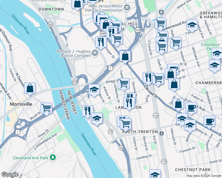 map of restaurants, bars, coffee shops, grocery stores, and more near 36 Power Street in Trenton