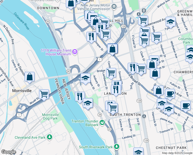 map of restaurants, bars, coffee shops, grocery stores, and more near 36 Power Street in Trenton
