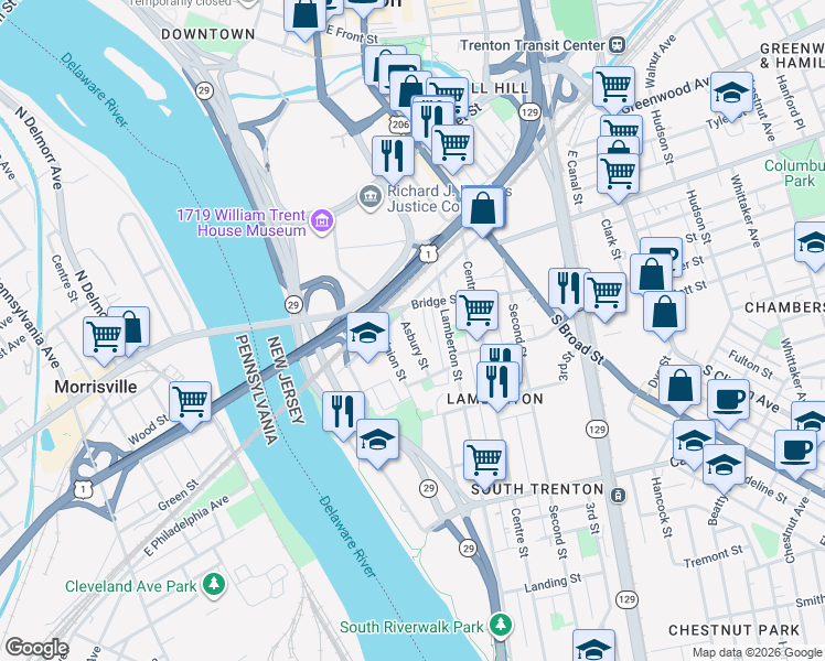 map of restaurants, bars, coffee shops, grocery stores, and more near 213 Ferry Street in Trenton