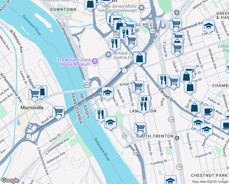 map of restaurants, bars, coffee shops, grocery stores, and more near 213 Ferry Street in Trenton