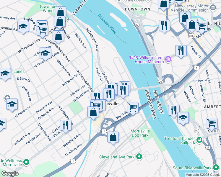map of restaurants, bars, coffee shops, grocery stores, and more near 39 North Delmorr Avenue in Morrisville