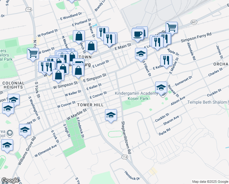 map of restaurants, bars, coffee shops, grocery stores, and more near 120 East Coover Street in Mechanicsburg