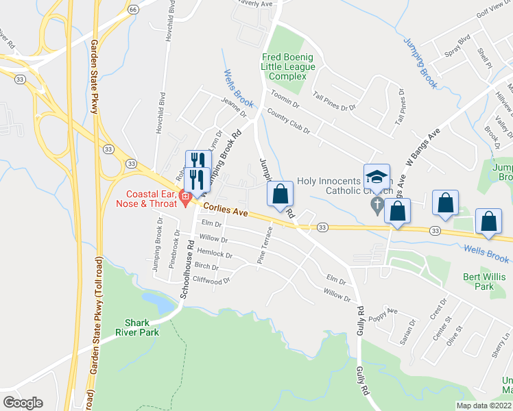 map of restaurants, bars, coffee shops, grocery stores, and more near 3617 New Jersey 33 in Neptune City