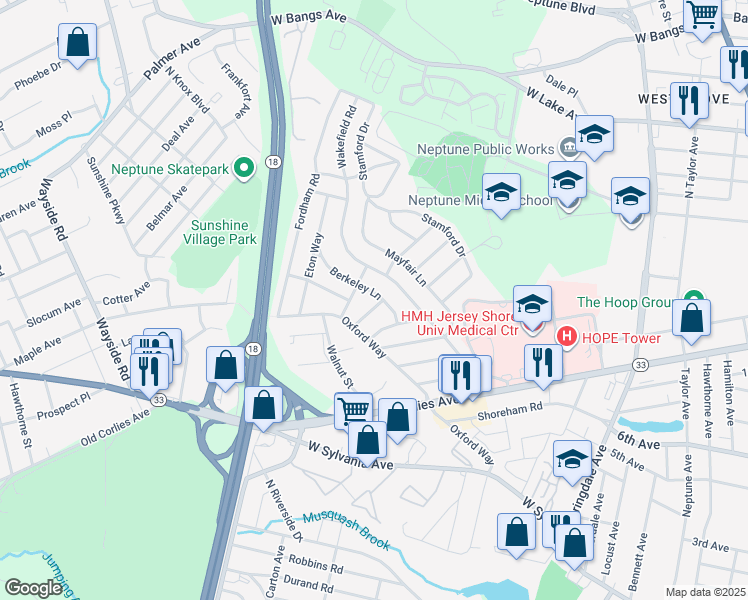 map of restaurants, bars, coffee shops, grocery stores, and more near 119 Holborn Lane in Neptune City