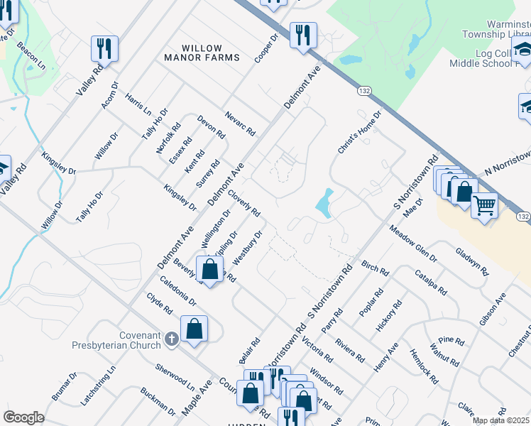 map of restaurants, bars, coffee shops, grocery stores, and more near 1267 Cloverly Road in Warminster