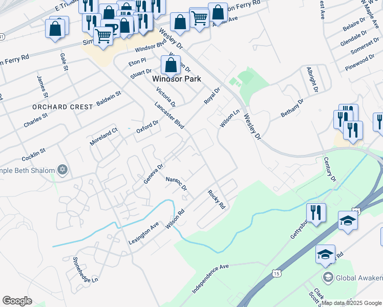 map of restaurants, bars, coffee shops, grocery stores, and more near 1077 Lancaster Boulevard in Mechanicsburg