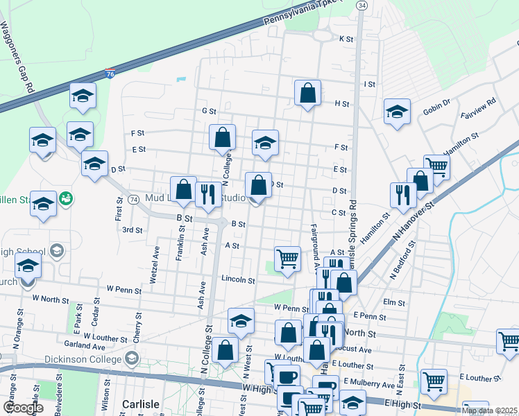 map of restaurants, bars, coffee shops, grocery stores, and more near 636 North West Street in Carlisle