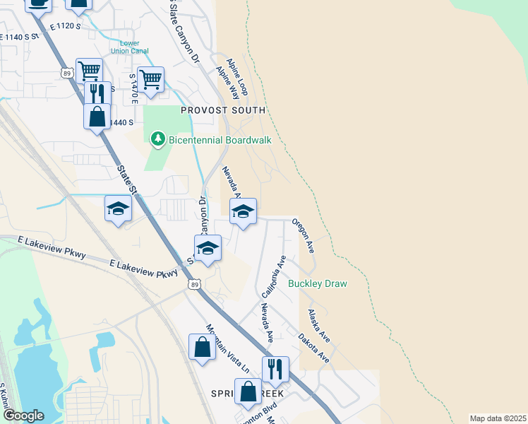 map of restaurants, bars, coffee shops, grocery stores, and more near 1955 Oregon Avenue in Provo