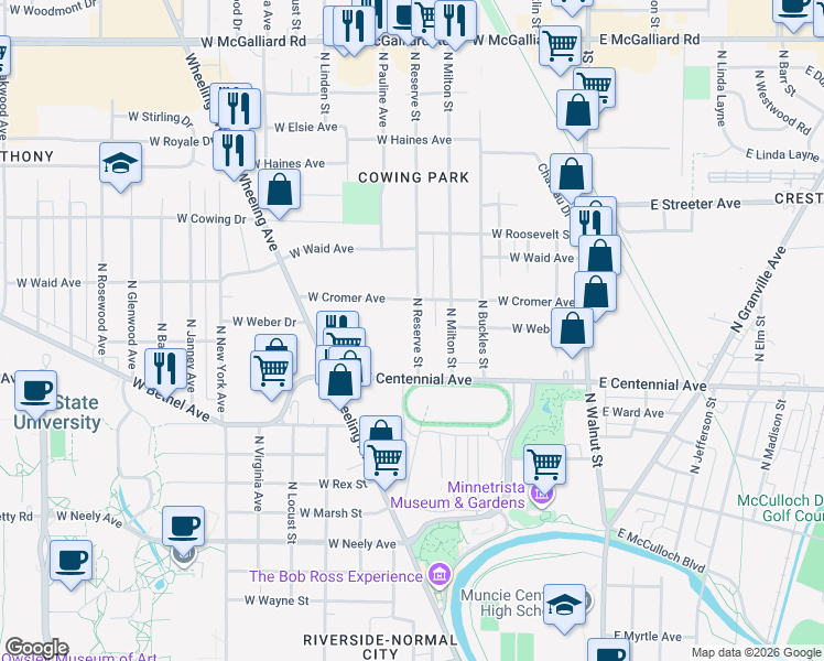 map of restaurants, bars, coffee shops, grocery stores, and more near 1813 North Reserve Street in Muncie