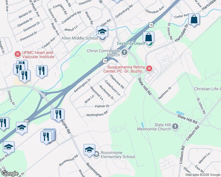 map of restaurants, bars, coffee shops, grocery stores, and more near 14 Cedarhurst Lane in Camp Hill