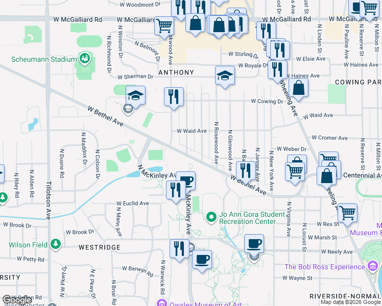 map of restaurants, bars, coffee shops, grocery stores, and more near 1900 West Bethel Avenue in Muncie