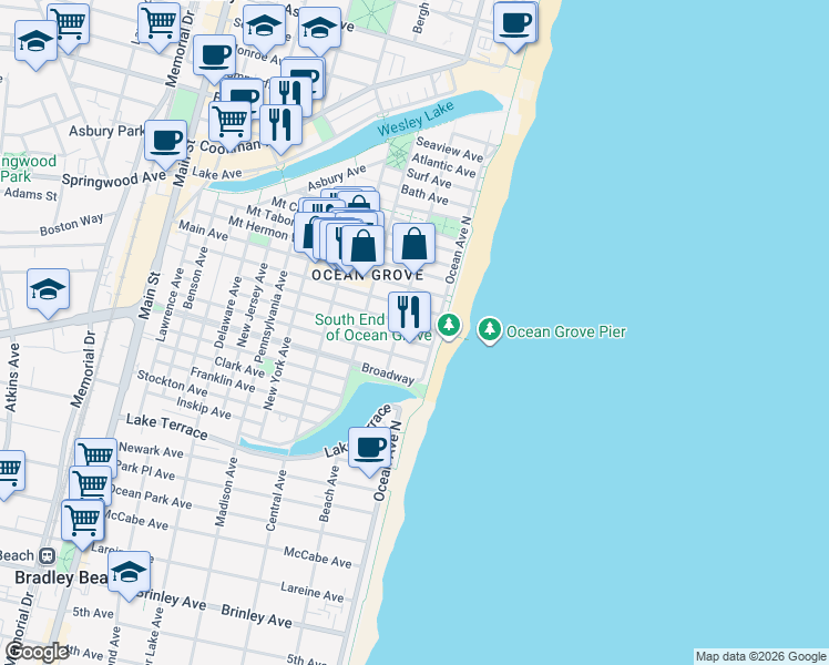 map of restaurants, bars, coffee shops, grocery stores, and more near 22 Ocean Avenue in Neptune Township