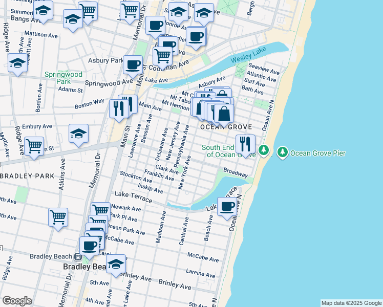map of restaurants, bars, coffee shops, grocery stores, and more near 78 Abbott Avenue in Ocean Grove