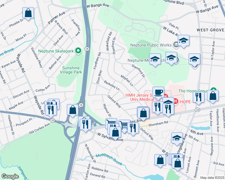 map of restaurants, bars, coffee shops, grocery stores, and more near 119 Holborn Lane in Neptune City