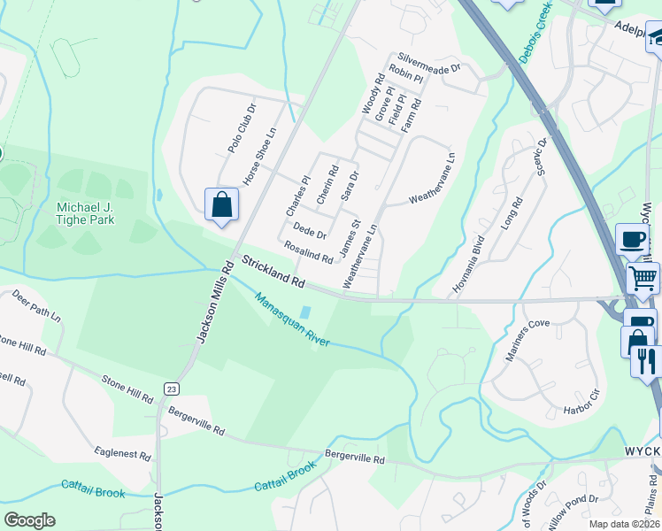 map of restaurants, bars, coffee shops, grocery stores, and more near 514 Rosalind Road in Freehold Township