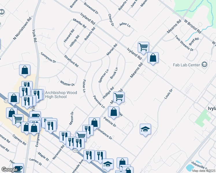 map of restaurants, bars, coffee shops, grocery stores, and more near 513 Brook Lane in Warminster