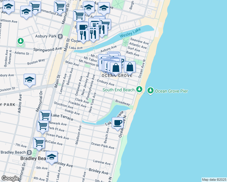 map of restaurants, bars, coffee shops, grocery stores, and more near 44 Webb Avenue in Neptune Township