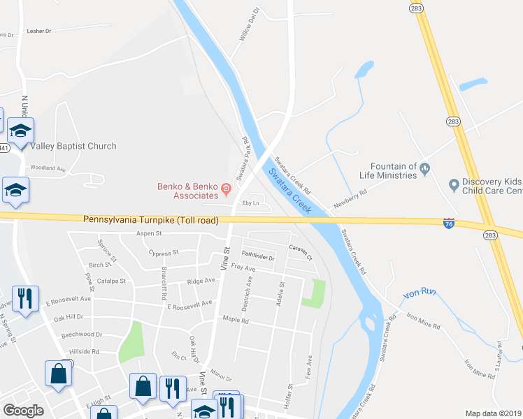 map of restaurants, bars, coffee shops, grocery stores, and more near 112 Eby Lane in Middletown