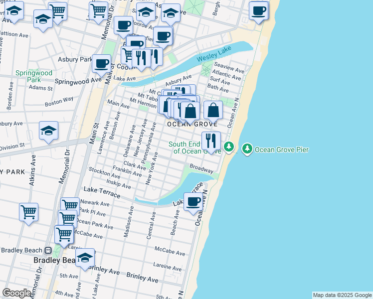 map of restaurants, bars, coffee shops, grocery stores, and more near 44 Webb Avenue in Neptune Township