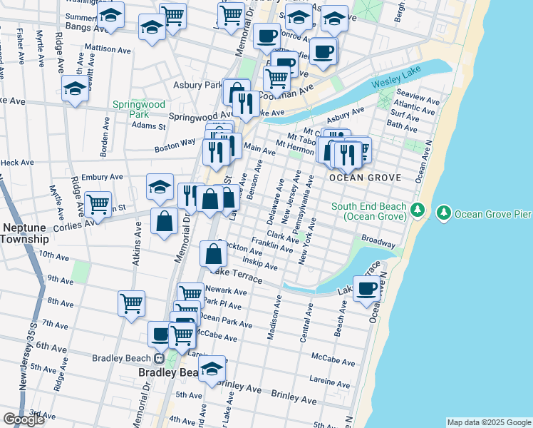 map of restaurants, bars, coffee shops, grocery stores, and more near 128 Broadway in Neptune Township