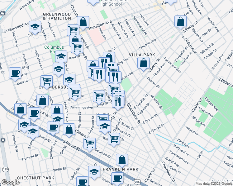 map of restaurants, bars, coffee shops, grocery stores, and more near 610 Franklin Street in Trenton