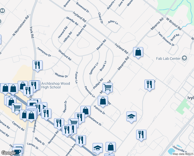 map of restaurants, bars, coffee shops, grocery stores, and more near 513 Brook Ln in Warminster