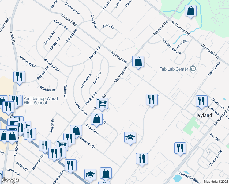 map of restaurants, bars, coffee shops, grocery stores, and more near 947 Mearns Road in Warminster