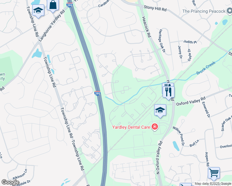 map of restaurants, bars, coffee shops, grocery stores, and more near 3403 Waltham Court in Yardley