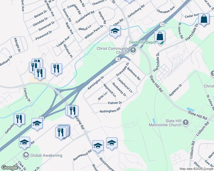 map of restaurants, bars, coffee shops, grocery stores, and more near 30 Scarsdale Dr in Camp Hill