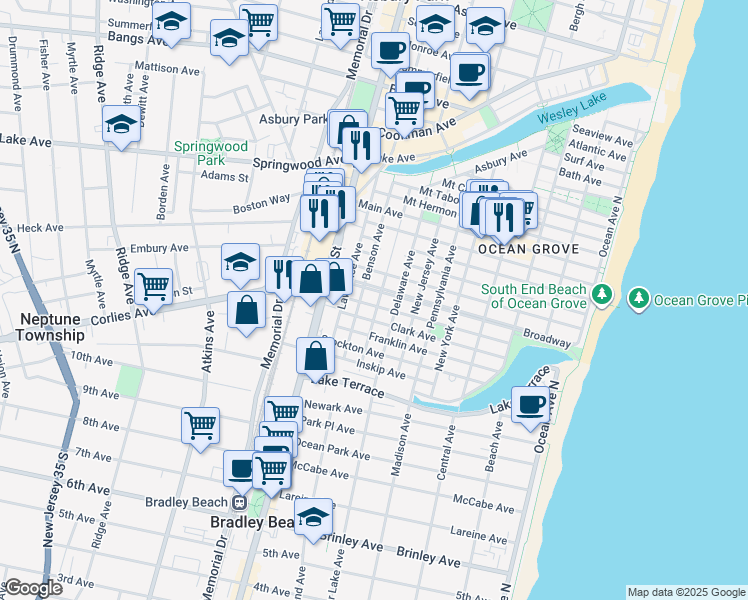 map of restaurants, bars, coffee shops, grocery stores, and more near 128 Broadway in Neptune Township