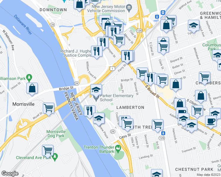 map of restaurants, bars, coffee shops, grocery stores, and more near 33 Daymond Street in Trenton