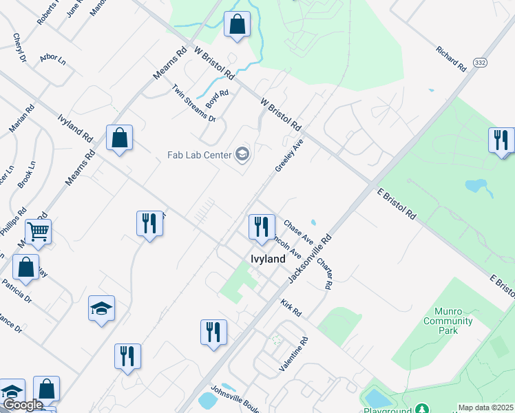 map of restaurants, bars, coffee shops, grocery stores, and more near 1151 Greeley Avenue in Ivyland