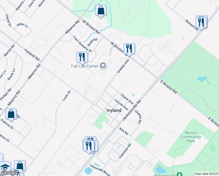 map of restaurants, bars, coffee shops, grocery stores, and more near 1151 Greeley Avenue in Ivyland