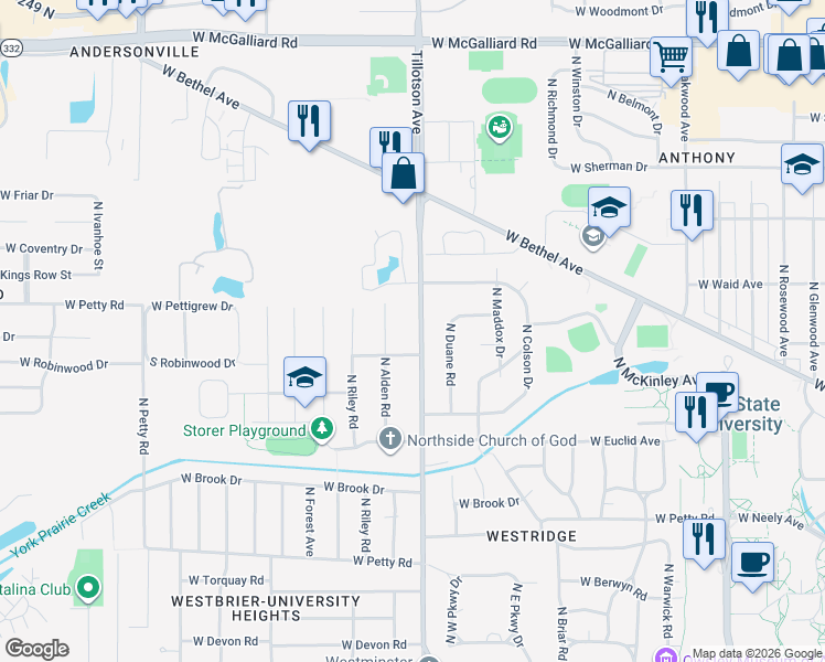 map of restaurants, bars, coffee shops, grocery stores, and more near 1911 North Tillotson Avenue in Muncie