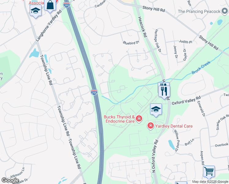 map of restaurants, bars, coffee shops, grocery stores, and more near 3902 Waltham Court in Yardley