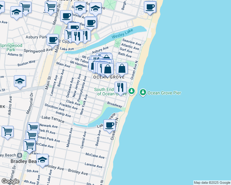 map of restaurants, bars, coffee shops, grocery stores, and more near 20 Embury Avenue in Neptune Township