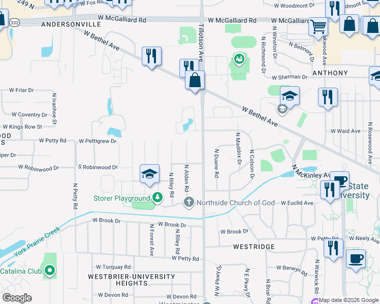 map of restaurants, bars, coffee shops, grocery stores, and more near 1911 N Tillotson Ave in Muncie