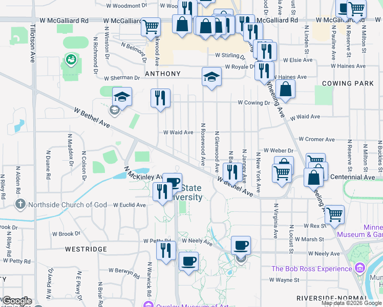 map of restaurants, bars, coffee shops, grocery stores, and more near 1864 North Maplewood Avenue in Muncie