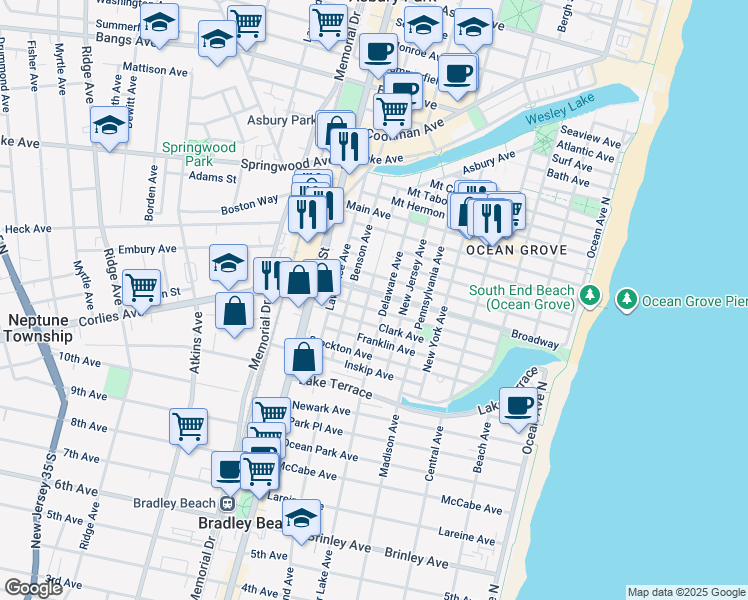 map of restaurants, bars, coffee shops, grocery stores, and more near 128 Broadway in Neptune Township