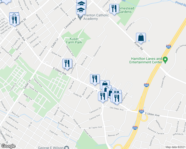 map of restaurants, bars, coffee shops, grocery stores, and more near 69 Cunningham Avenue in Hamilton Township