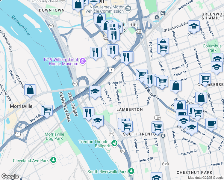 map of restaurants, bars, coffee shops, grocery stores, and more near 36 Power Street in Trenton