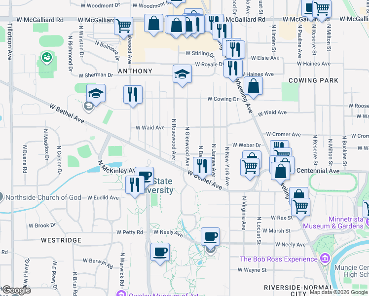 map of restaurants, bars, coffee shops, grocery stores, and more near 1900 North Rosewood Avenue in Muncie