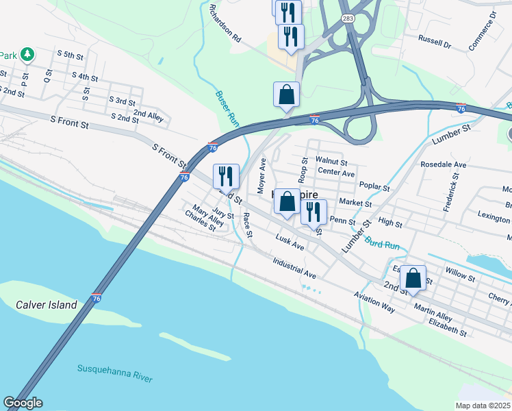 map of restaurants, bars, coffee shops, grocery stores, and more near 114 2nd Street in Highspire