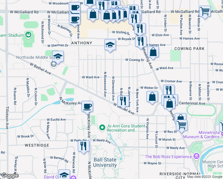 map of restaurants, bars, coffee shops, grocery stores, and more near 1809 North Glenwood Avenue in Muncie