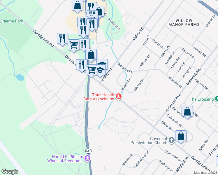 map of restaurants, bars, coffee shops, grocery stores, and more near 1589 County Line Road in Hatboro