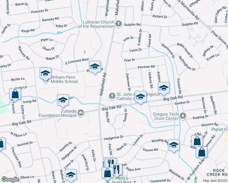 map of restaurants, bars, coffee shops, grocery stores, and more near 6 Pennsbury Court in Yardley